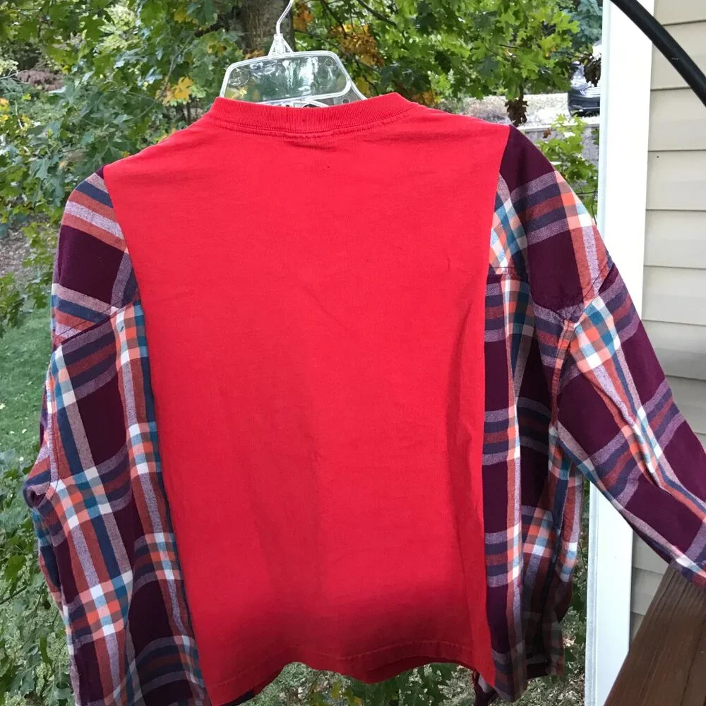 Upcycled Flannel Shirt, Oversized Football Graphic T-Shirt Pullover, Sz M - L - Picture 7 of 11